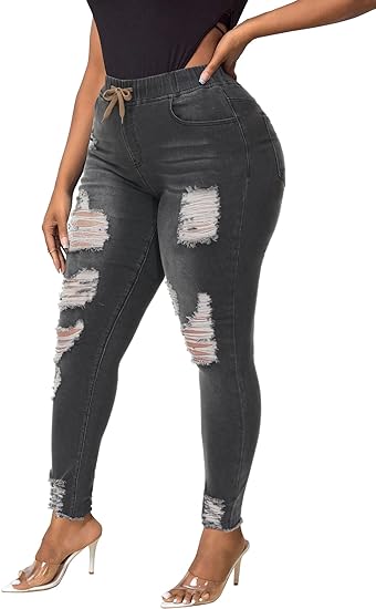 Womens Plus Size Skinny Distressed Jeans High Waisted Stretch Drawstring Ripped Denim Joggers