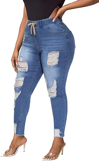 Womens Plus Size Skinny Distressed Jeans High Waisted Stretch Drawstring Ripped Denim Joggers