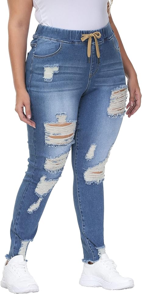 Womens Plus Size Skinny Distressed Jeans High Waisted Stretch Drawstring Ripped Denim Joggers