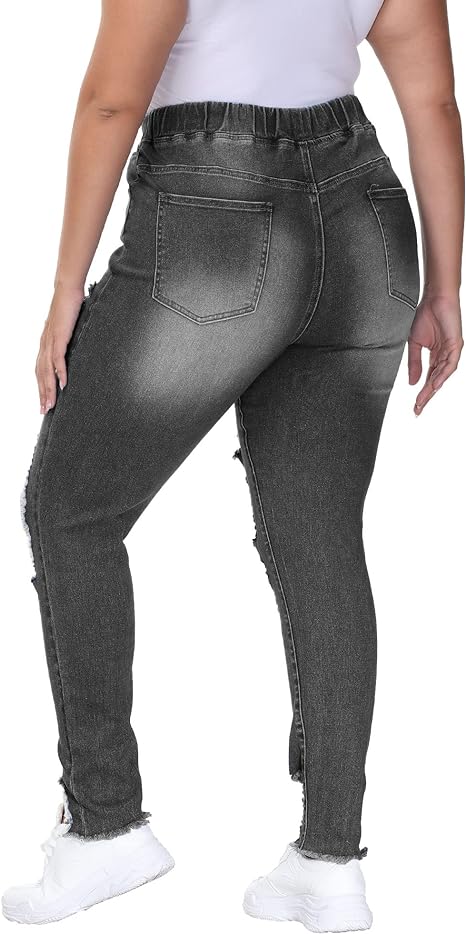 Womens Plus Size Skinny Distressed Jeans High Waisted Stretch Drawstring Ripped Denim Joggers