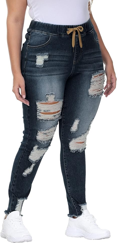 Womens Plus Size Skinny Distressed Jeans High Waisted Stretch Drawstring Ripped Denim Joggers