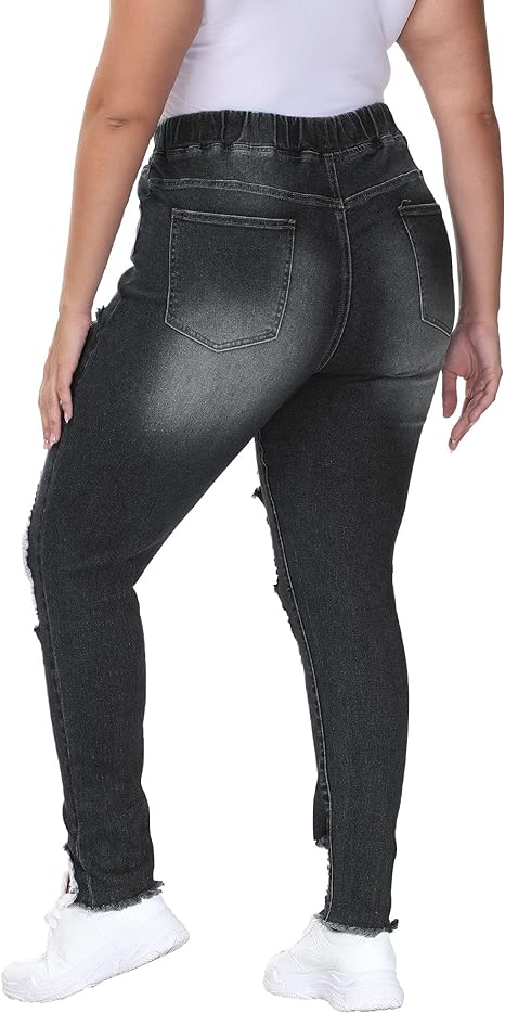 Womens Plus Size Skinny Distressed Jeans High Waisted Stretch Drawstring Ripped Denim Joggers