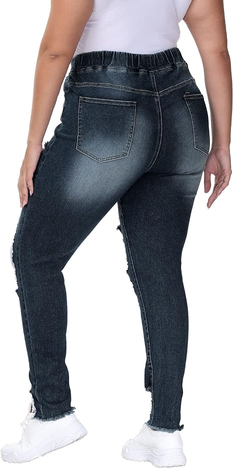 Womens Plus Size Skinny Distressed Jeans High Waisted Stretch Drawstring Ripped Denim Joggers