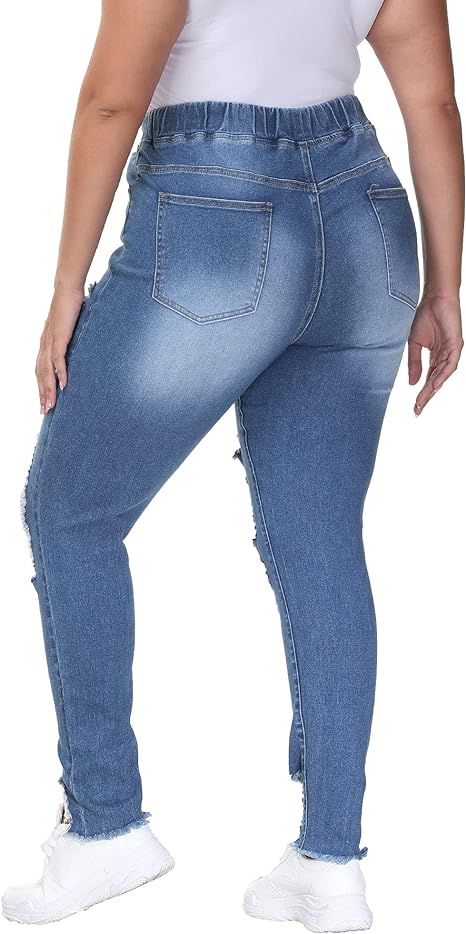 Womens Plus Size Skinny Distressed Jeans High Waisted Stretch Drawstring Ripped Denim Joggers