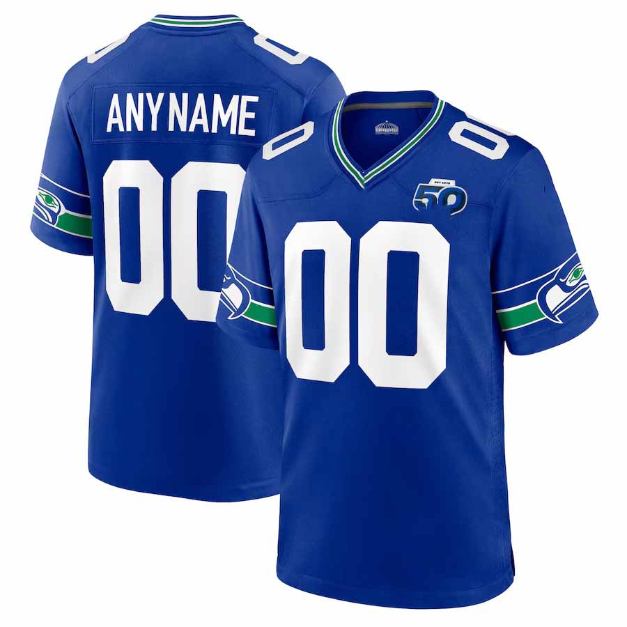 Custom S.Seahawks Royal 50th Season Throwback Game Stitched Football Jersey