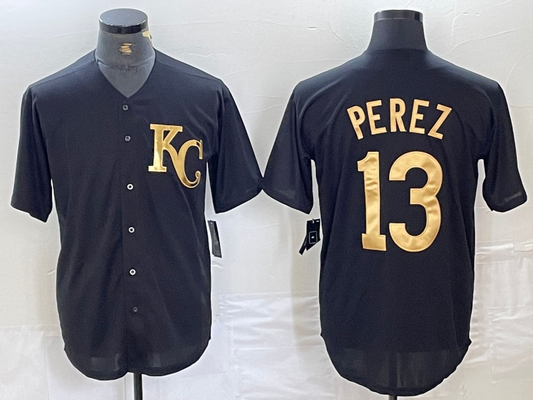 Kansas City Royals #13 Salvador Perez Black Gold Cool Base Stitched Baseball Jersey