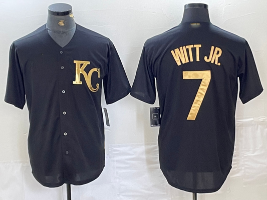 Kansas City Royals #7 Bobby Witt Jr Black Gold Cool Base Stitched Baseball Jersey