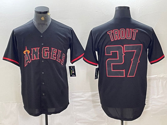 Los Angeles Angels #27 Mike Trout Lights Out Black Fashion Cool base  Stitched Baseball Jerseys