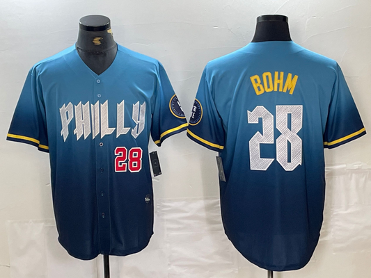 Philadelphia Phillies #28 Alec Bohm Blue 2024 City Player Number Cool Base Stitched Baseball Jersey