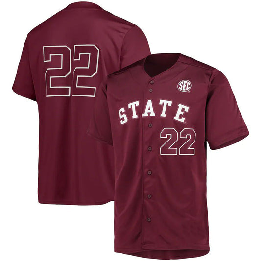 #22 M.State Bulldogs  Button-Up Baseball Jersey  Maroon Stitched American College Jerseys