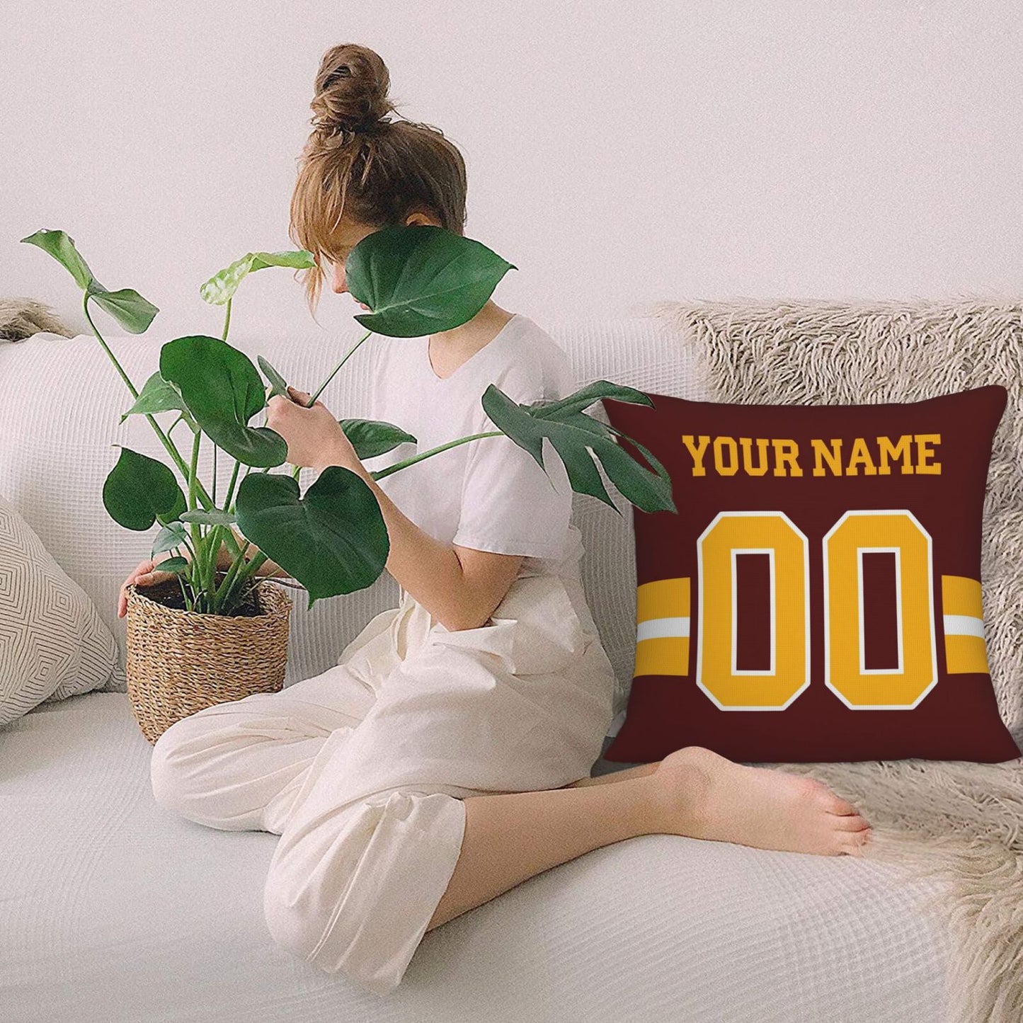Custom Burgundy Gold W.Commanders Decorative Throw Pillow Case - Print Personalized Football Team Fans Name & Number Birthday Gift