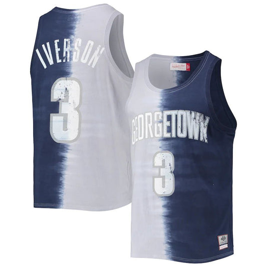 G.Hoyas #3 Allen Iverson Mitchell & Ness Name & Number Tie-Dye Tank Top Gray Navy Stitched American College Jerseys