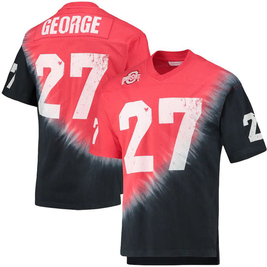 O.State Buckeyes #27 Eddie George Mitchell & Ness Name & Number Tie-Dye V-Neck T-Shirt  Black Scarlet Football Jersey Stitched American College Jerseys