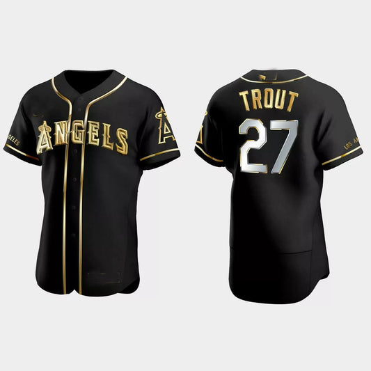 Los Angeles Angels #27 Mike Trout Gold Edition Authentic Jersey ¨C Black Men Youth Women Baseball Jerseys