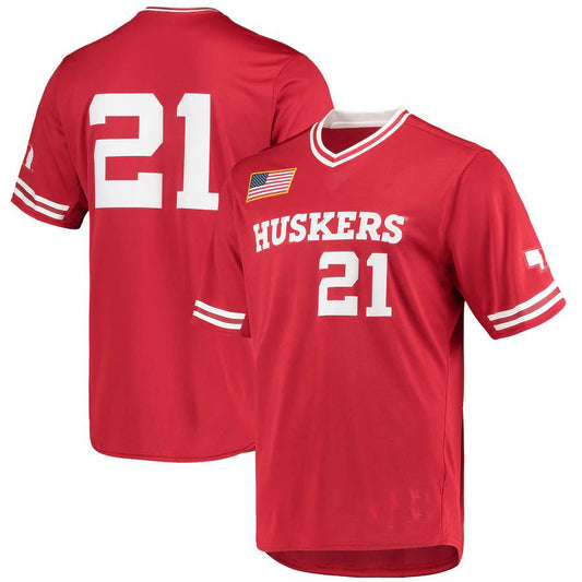 #21 N.Huskers Replica V-Neck Baseball Jersey Scarlet Stitched American College Jerseys