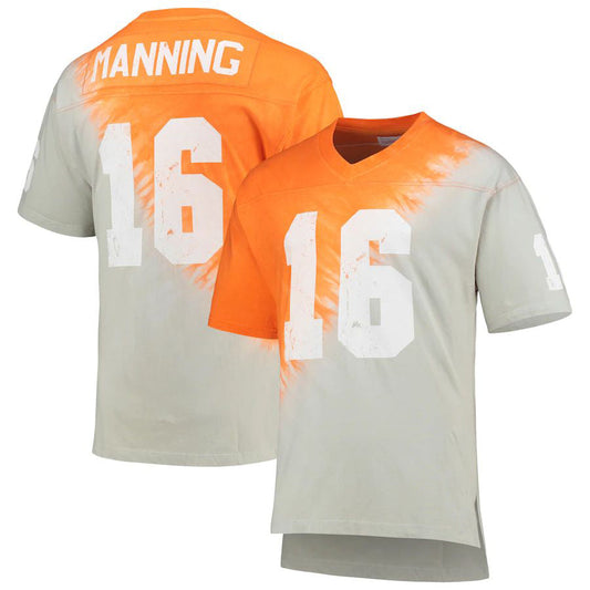 T.Volunteers #16 Peyton Manning Mitchell & Ness Name & Number Tie-Dye V-Neck T-Shirt - Gray Tennessee Orange Stitched American College Jerseys