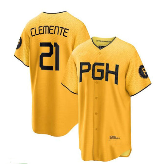 Pittsburgh Pirates #21 Roberto Clemente 2023 City Connect Replica Player Jersey - Gold Baseball Jerseys