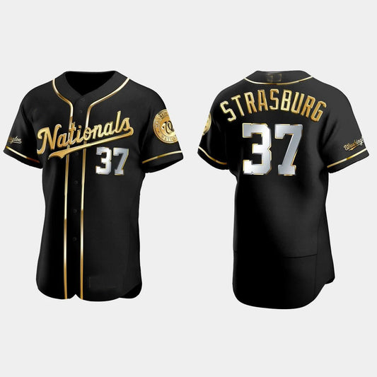 WASHINGTON NATIONALS #37 STEPHEN STRASBURG GOLD EDITION AUTHENTIC JERSEY ¨C BLACK Baseball Jerseys