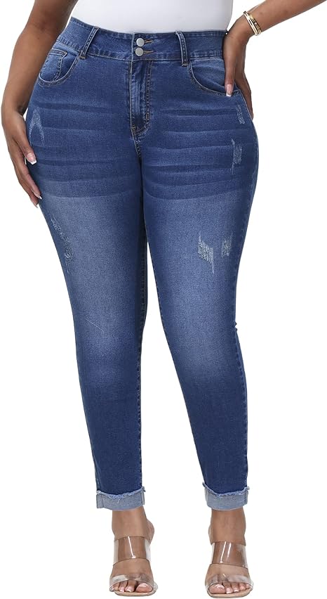 Womens Plus Size Skinny Jeans Stretchy High Waisted Ankle Jean