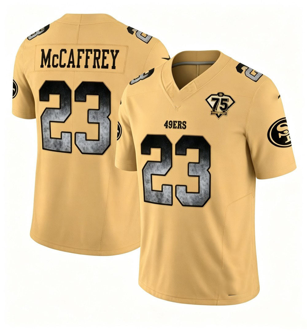 SF.49ers #23 Christian McCaffrey Gold 75th Vapor F.U.S.E. Limited Stitched American Football Jerseys