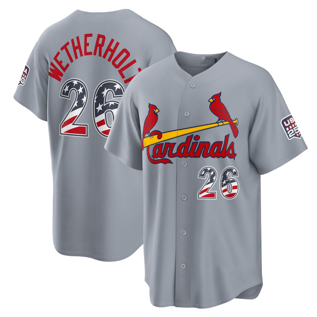St. Louis Cardinals #26 JJ Wetherholt USA 250 Fourth of July Road Stadium Jersey - Gray Puhics
