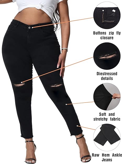 Womens Plus Size Skinny Jeans Stretchy High Waisted Ankle Jean