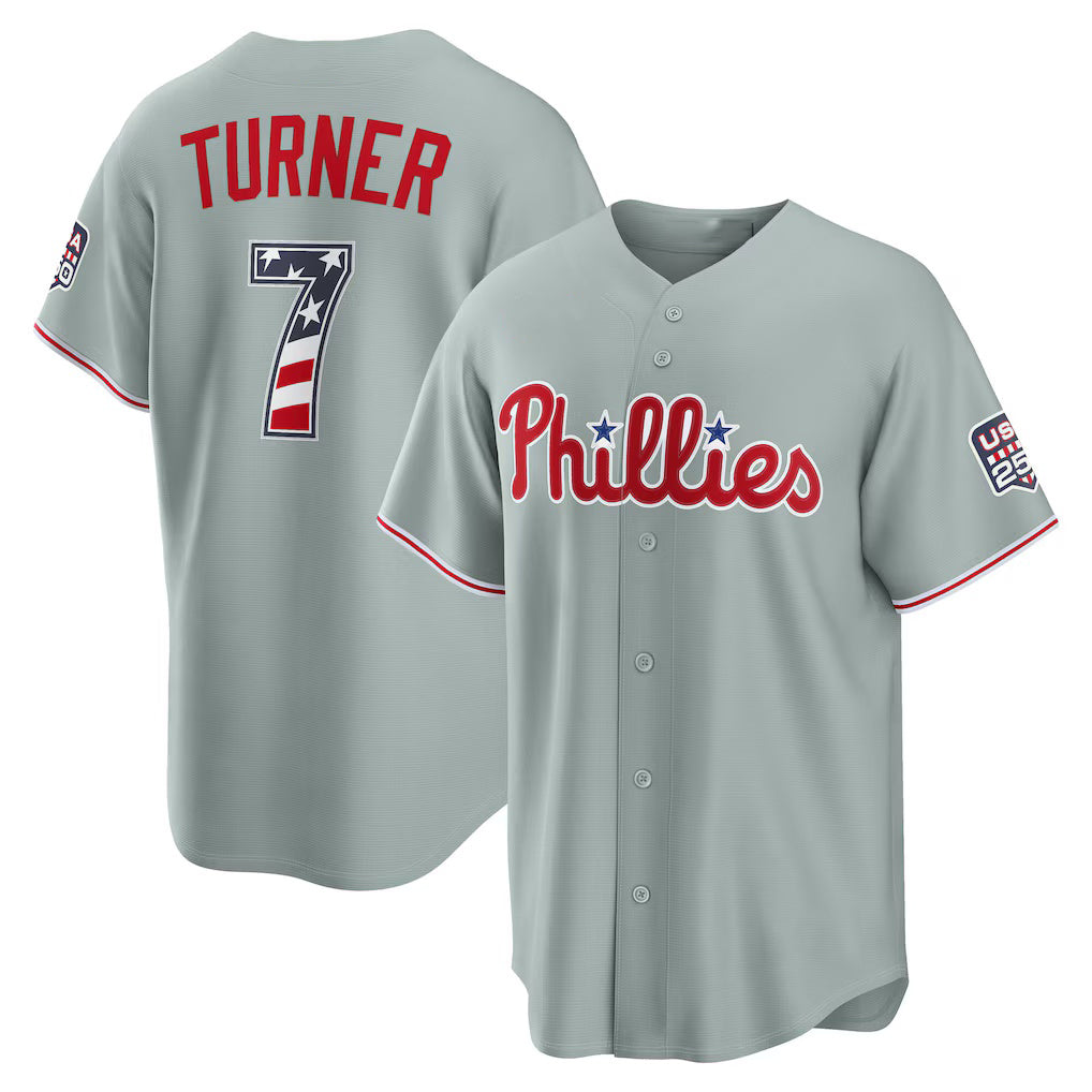 Philadelphia Phillies #7 Trea Turner USA 250 Fourth of July Road Stadium Jersey - Gray Puhics