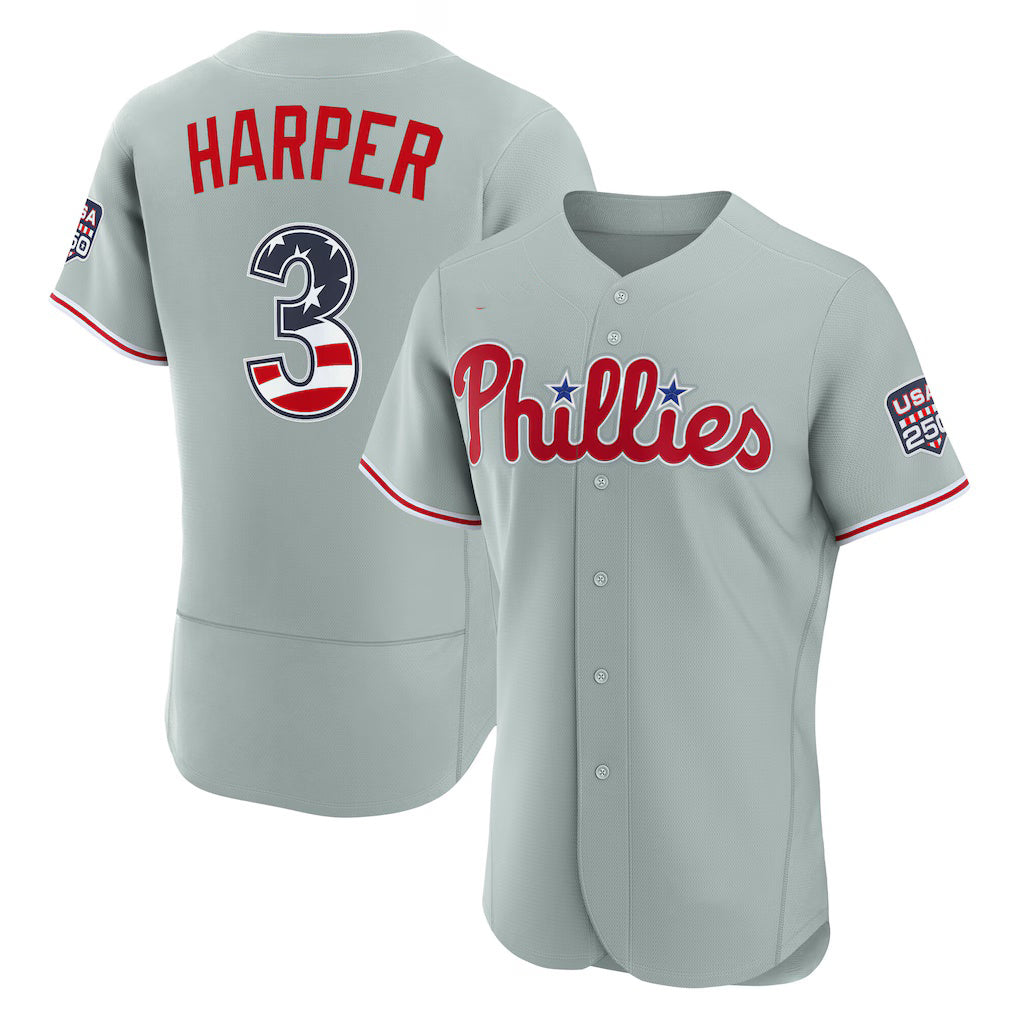 Philadelphia Phillies #3 Bryce Harper USA 250 Fourth of July Road Authentic Jersey - Gray Puhics