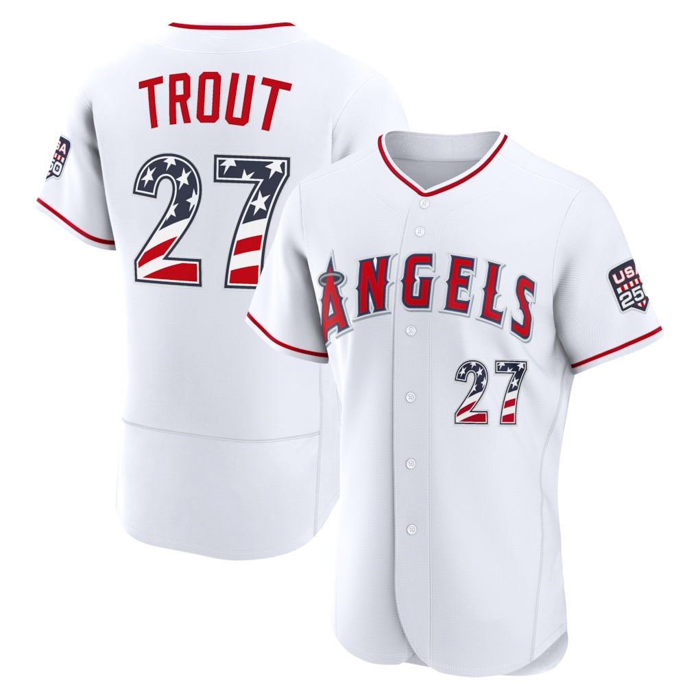 Los Angeles Angels #27 Mike Trout USA 250 Fourth of July Home Authentic Jersey - White Puhics