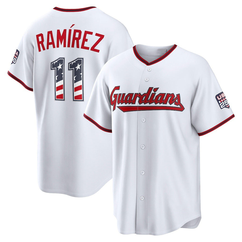 Cleveland Guardians #11 Jos¨¦ Ram¨ªrez USA 250 Fourth of July Home Stadium Jersey - White Puhics