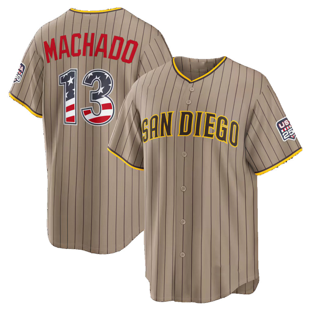 San Diego Padres #13 Manny Machado USA 250 Fourth of July Alternate Stadium Jersey - Sand Puhics