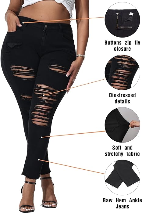Womens Plus Size Skinny Jeans Stretchy High Waisted Ankle Jean