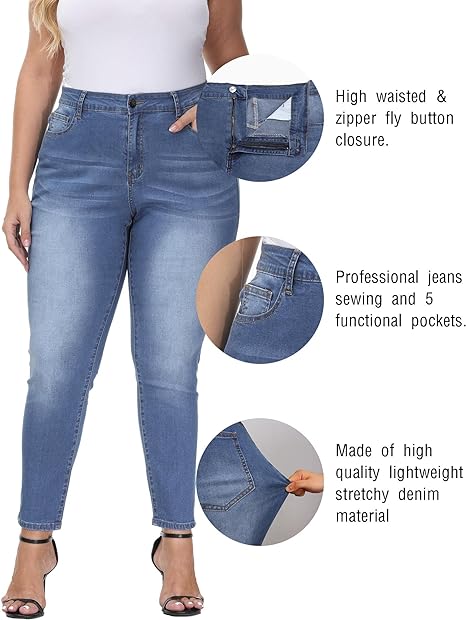 Womens Plus Size Skinny Jeans Stretchy High Waisted Ankle Jean
