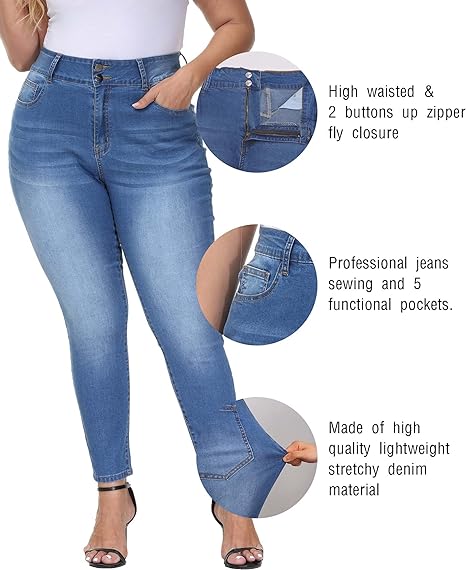 Womens Plus Size Skinny Jeans Stretchy High Waisted Ankle Jean