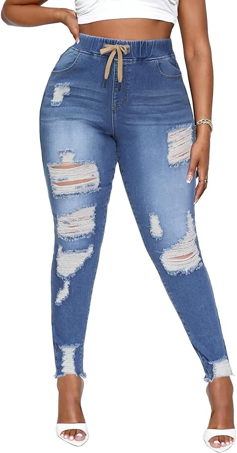 Womens Plus Size Skinny Distressed Jeans High Waisted Stretch Drawstring Ripped Denim Joggers
