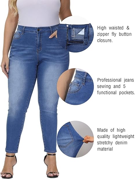 Womens Plus Size Skinny Jeans Stretchy High Waisted Ankle Jean