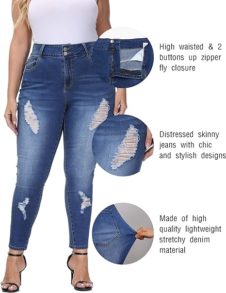Womens Plus Size Skinny Jeans Stretchy High Waisted Ankle Jean