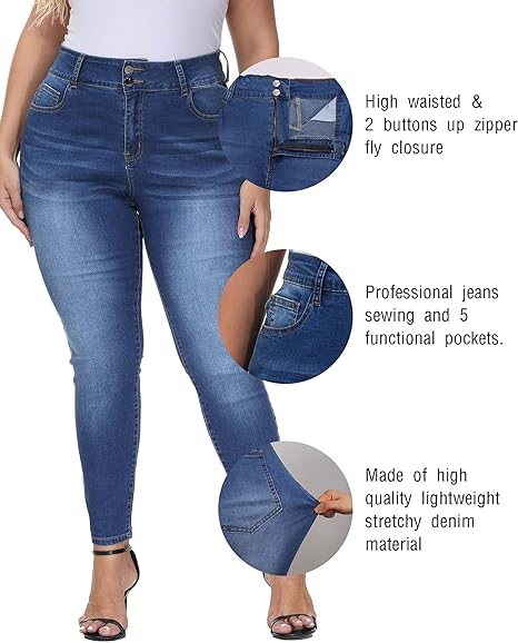 Womens Plus Size Skinny Jeans Stretchy High Waisted Ankle Jean