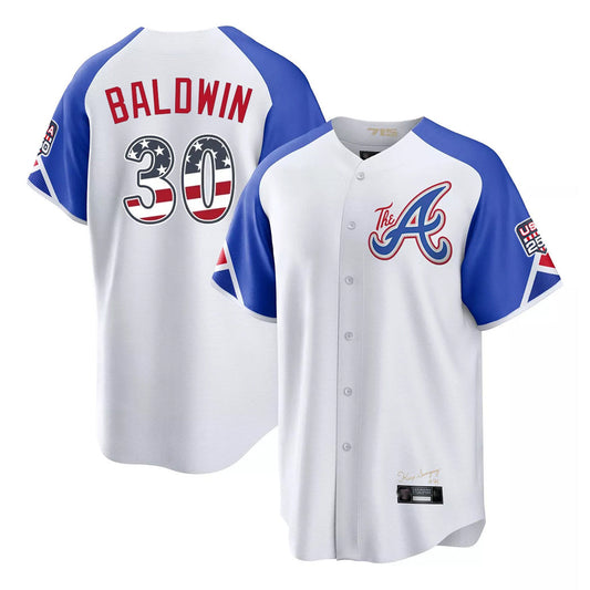 Atlanta Braves #30 Drake Baldwin Player White USA 250 Fourth Of July City Connect Home Game Stitched Baseball Jersey