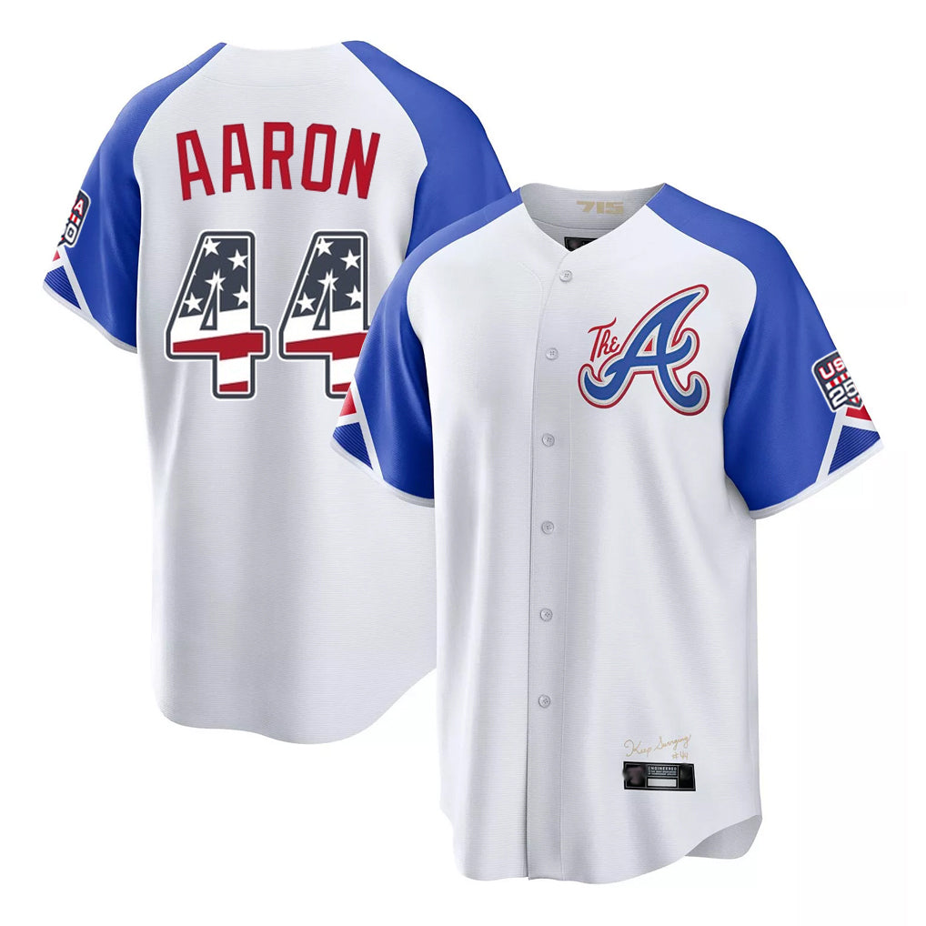 Atlanta Braves #44 Hank Aaron Player White USA 250 Fourth Of July City Connect Home Game Stitched Baseball Jersey