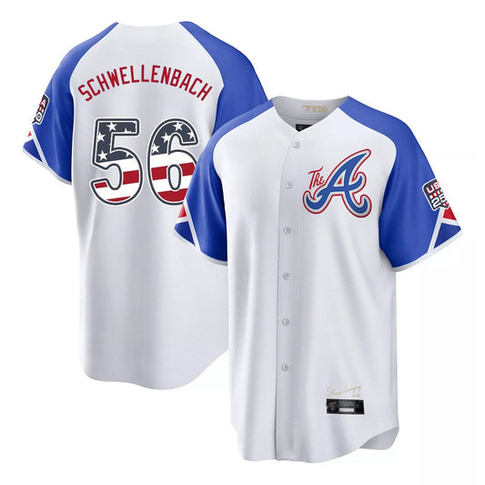 Atlanta Braves #56 Spencer Schwellenbach Player White USA 250 Fourth Of July City Connect Home Game Stitched Baseball Jersey