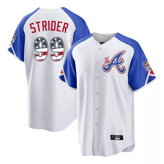 Atlanta Braves #99 Spencer Strider Player White USA 250 Fourth Of July City Connect Home Game Stitched Baseball Jersey