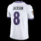 B.Ravens #8 Lamar Jackson White Vapor F.U.S.E. Sewn Down Limited Stitched Football American Jersey