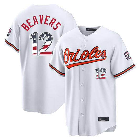Baltimore Orioles #12 Dylan Beavers Player White USA 250 Fourth of July Home Game Stitched Baseball Jersey