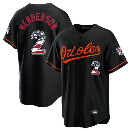 Baltimore Orioles #2 Gunnar Henderson Player Black USA 250 Fourth of July Home Game Stitched Baseball Jersey