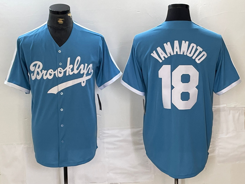 Brooklyn Dodgers #18 Yoshinobu Yamamoto Light Blue Cooperstown Collection Cool Base Baseball Jerseys