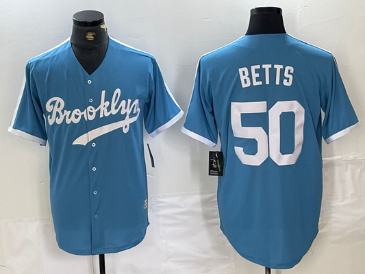 Brooklyn Dodgers #50 Mookie Betts Light Blue Cooperstown Collection Cool Base Baseball Jerseys