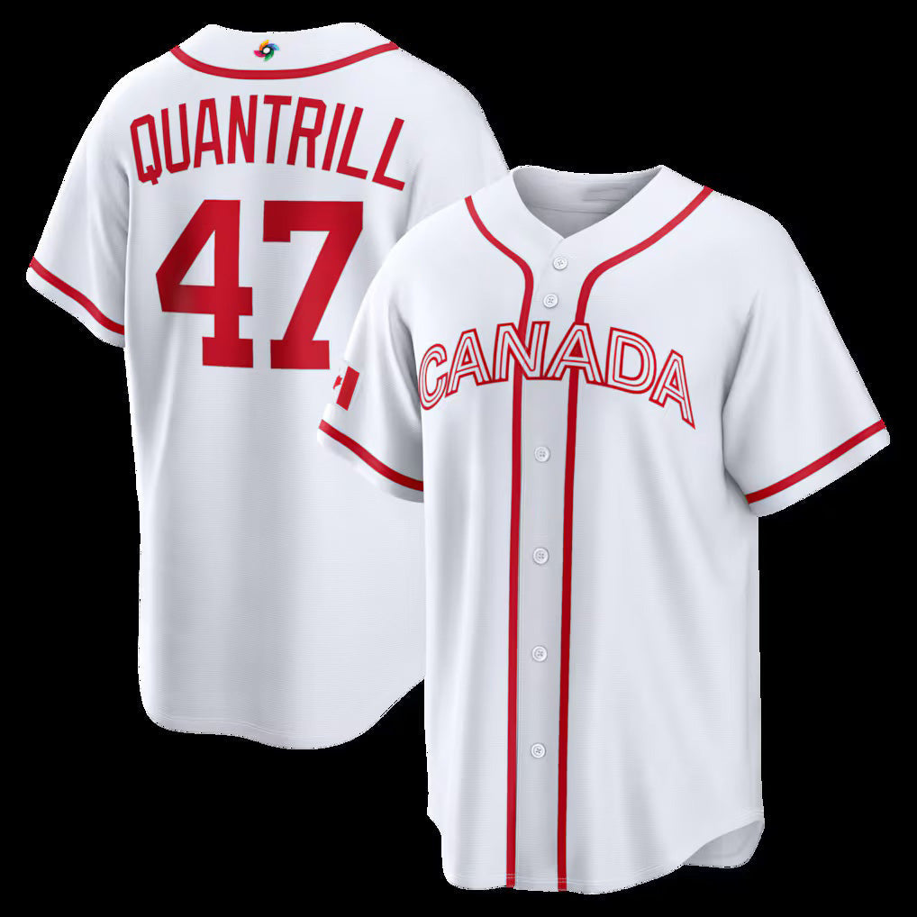 Canada Baseball #47 Cal Quantrill 2026 World Baseball Classic Home Stadium- White Baseball Jersey Puhics