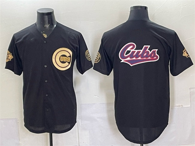 Chicago Cubs Team Big Logo Black Gold 150th Anniversary Patch Stitched Jersey
