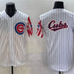 Chicago Cubs Team Big Logo White Pinstripe 2025 Independence Day Vapor Premier Limited Stitched Baseball Jersey